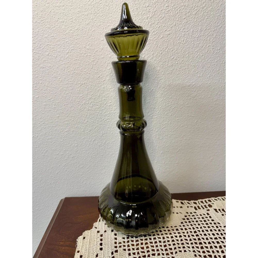 1964 Jim Beam Genie Bottle Decanter, Olive Green Glass, Mid-Century Barware